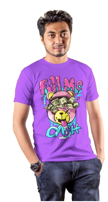 Model wearing printed purple t-shirt